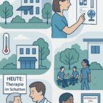 Eine Illustration, die einige Beispiele für Hitzeschutzmaßnahmen in Gesundheitseinrichtungen symbolisieren soll