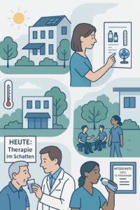Eine Illustration, die einige Beispiele für Hitzeschutzmaßnahmen in Gesundheitseinrichtungen symbolisieren soll