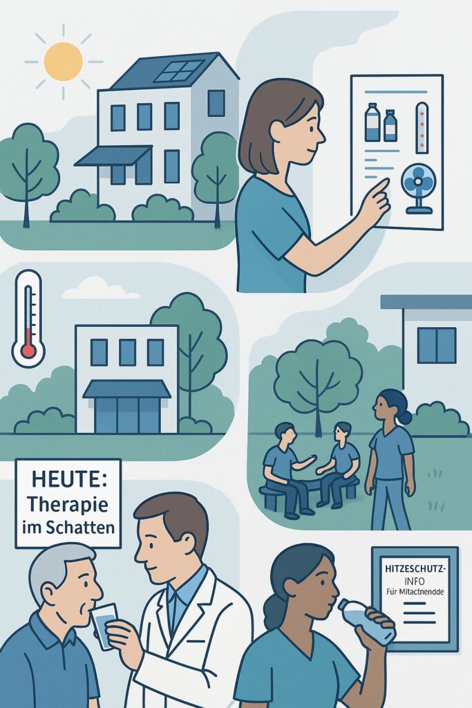 Eine Illustration, die einige Beispiele für Hitzeschutzmaßnahmen in Gesundheitseinrichtungen symbolisieren soll
