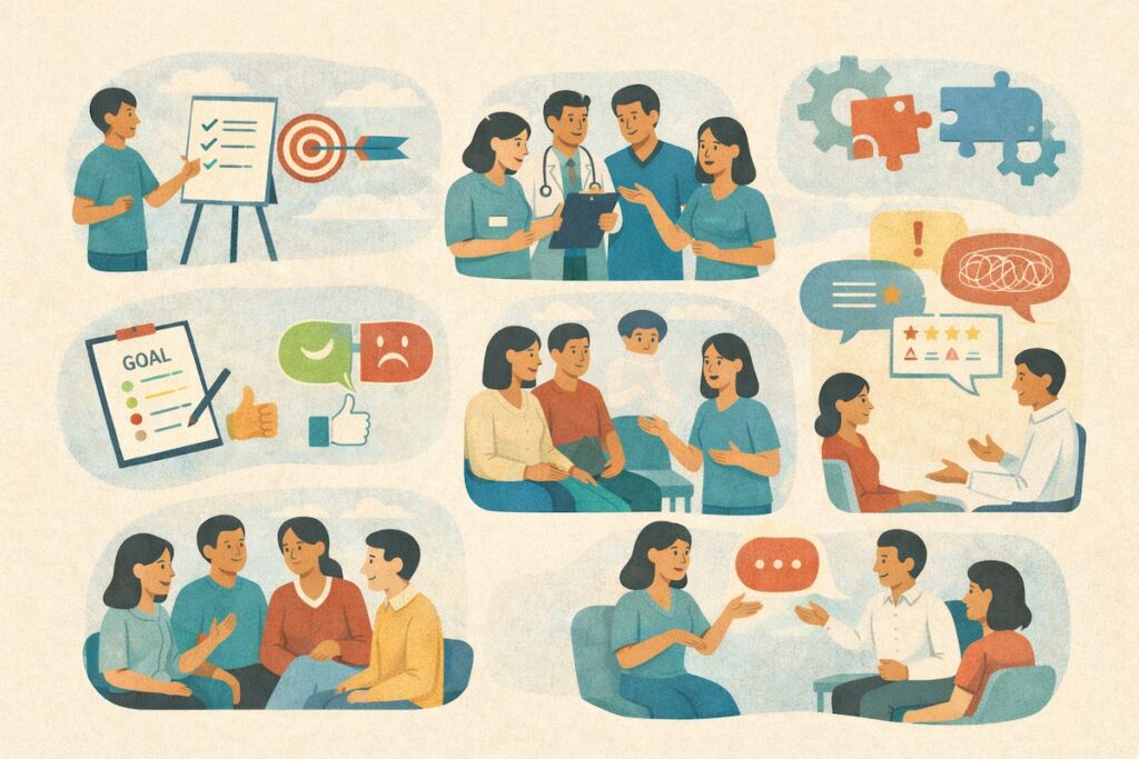 KI-generierte Illustration, die verschiedene Menschen beim kommunikativen Miteinander zeigt.