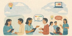 Eine illustrierende Abbildung, die verschiedene Personen in Gesprächssituationen zeigt